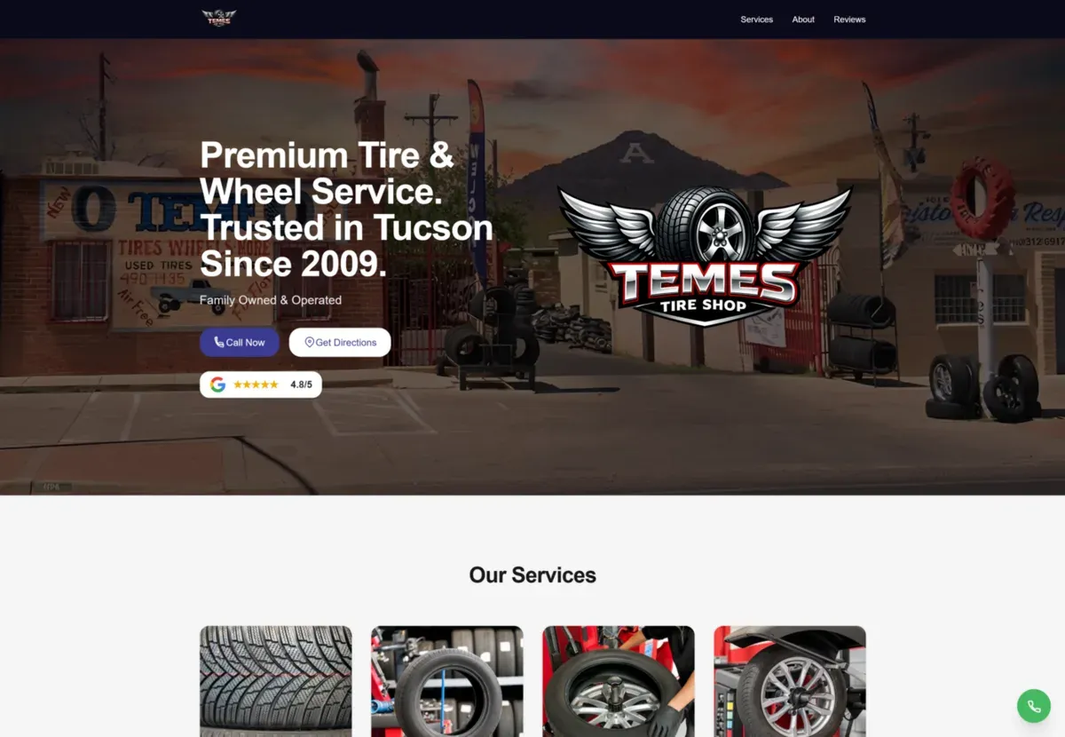 Teme's Tire Shop website built by The Local Web Pros